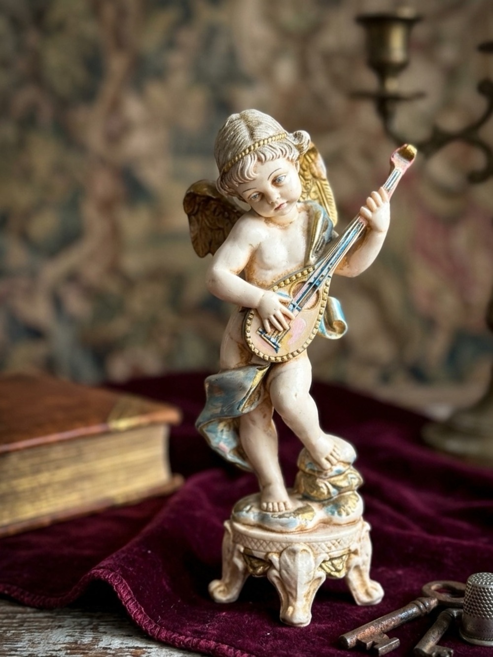 Cherub with Lute Decorative Figurine in Cream and Gold